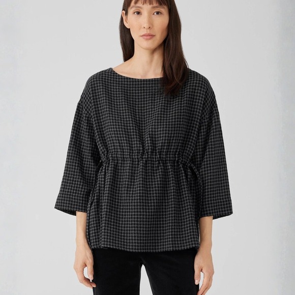 Eileen Fisher Gingham Check 3/4 Sleeve Top XS Black Grey Wool Blend $248 Retail